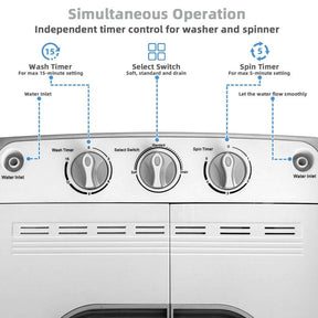 13Lbs Portable Twin Tub Washing Machine, Top Load Washer Spin Dryer Combo with Built-in Drain Pump, Compact Laundry Washer for Apartments & RVs