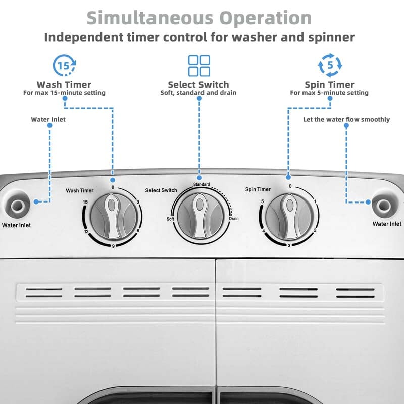 13Lbs Portable Twin Tub Washing Machine, Top Load Washer Spin Dryer Combo with Built-in Drain Pump, Compact Laundry Washer for Apartments & RVs