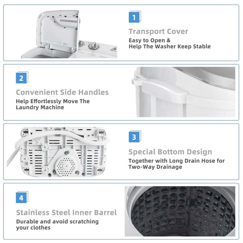 13Lbs Portable Twin Tub Washing Machine, Top Load Washer Spin Dryer Combo with Built-in Drain Pump, Compact Laundry Washer for Apartments & RVs