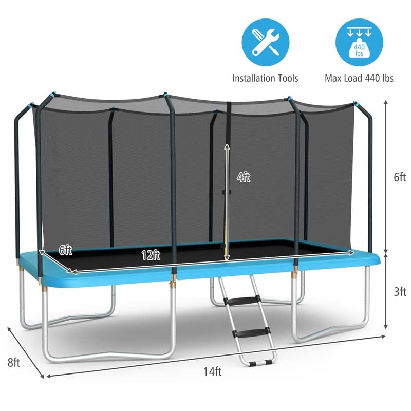 8x14 FT ASTM Certified Rectangular Trampoline with Safety Enclosure Net & Ladder, Heavy Duty Outdoor Recreational Trampoline for Kids Adults