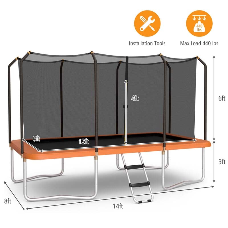 8x14 FT ASTM Certified Rectangular Trampoline with Safety Enclosure Net & Ladder, Heavy Duty Outdoor Recreational Trampoline for Kids Adults