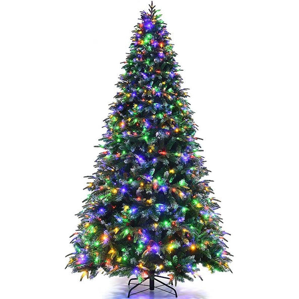 5/6/7/9FT Snowy Leaves Pre-Lit Hinged Artificial Christmas Tree with 11 Flash Modes & Multi-Color Lights