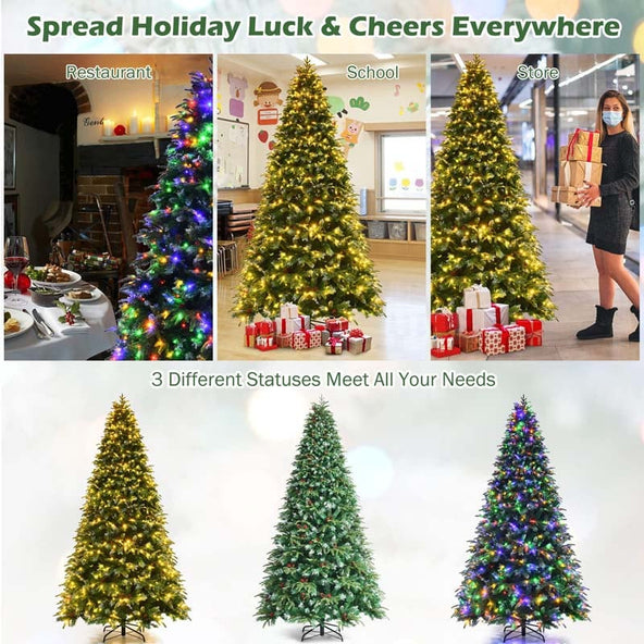 5/6/7/9FT Snowy Leaves Pre-Lit Hinged Artificial Christmas Tree with 11 Flash Modes & Multi-Color Lights