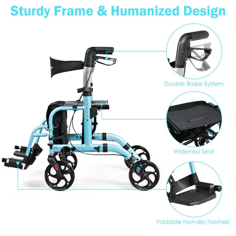 2 in 1 Rollator Walker Wheelchair Folding Medical Walker, Aluminum Transport Chair Mobility Walking Aid
