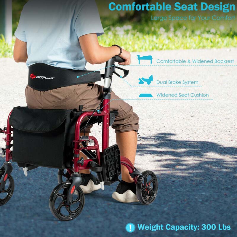 2 in 1 Rollator Walker Wheelchair Folding Medical Walker, Aluminum Transport Chair Mobility Walking Aid