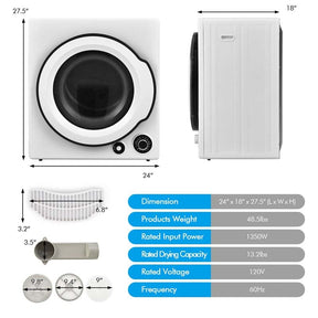 13.2 lbs Front Load Tumble Dryer for Apartments Dorms RVs, 1350W Portable Clothes Dryer with 5 Drying Modes