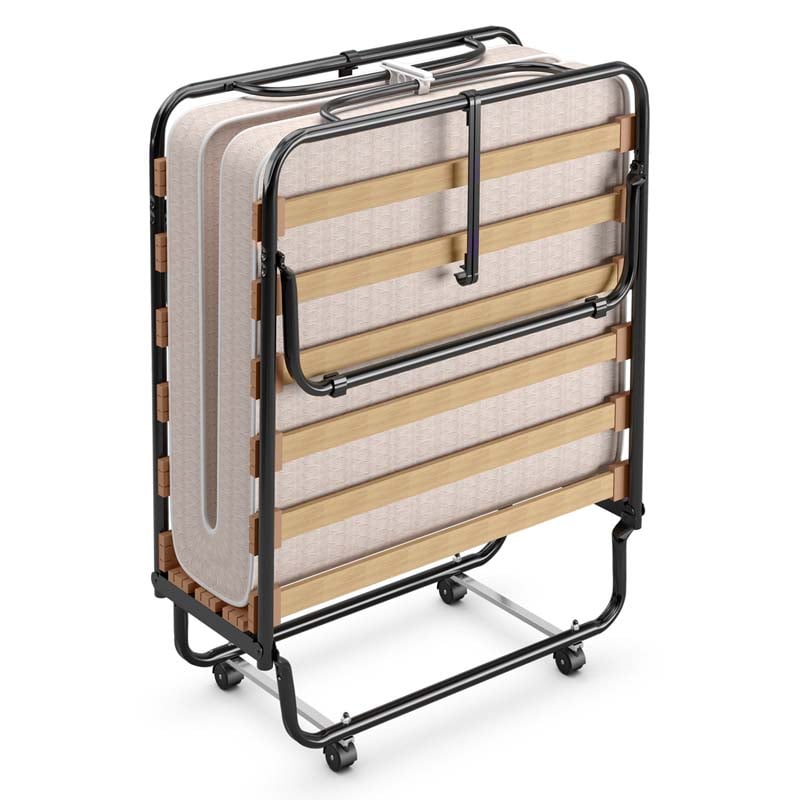 Rollaway Folding Bed with 4" Memory Foam Mattress Made in Italy, 75" x 31.5" Portable Foldable Guest Bed Cot for Adults, Sturdy Steel Frame on Wheels
