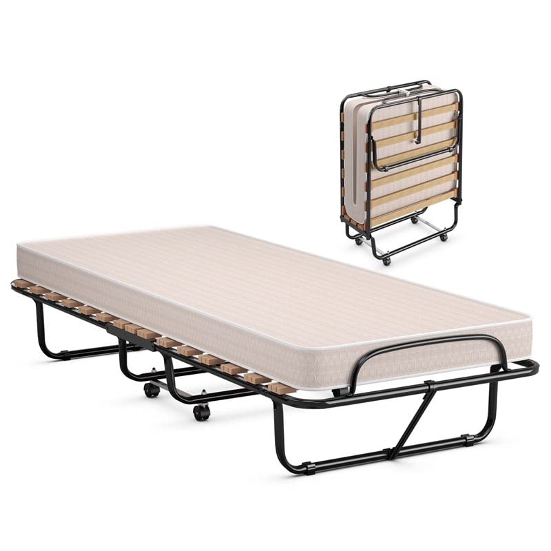 Rollaway Folding Bed with 4" Memory Foam Mattress Made in Italy, 75" x 31.5" Portable Foldable Guest Bed Cot for Adults, Sturdy Steel Frame on Wheels