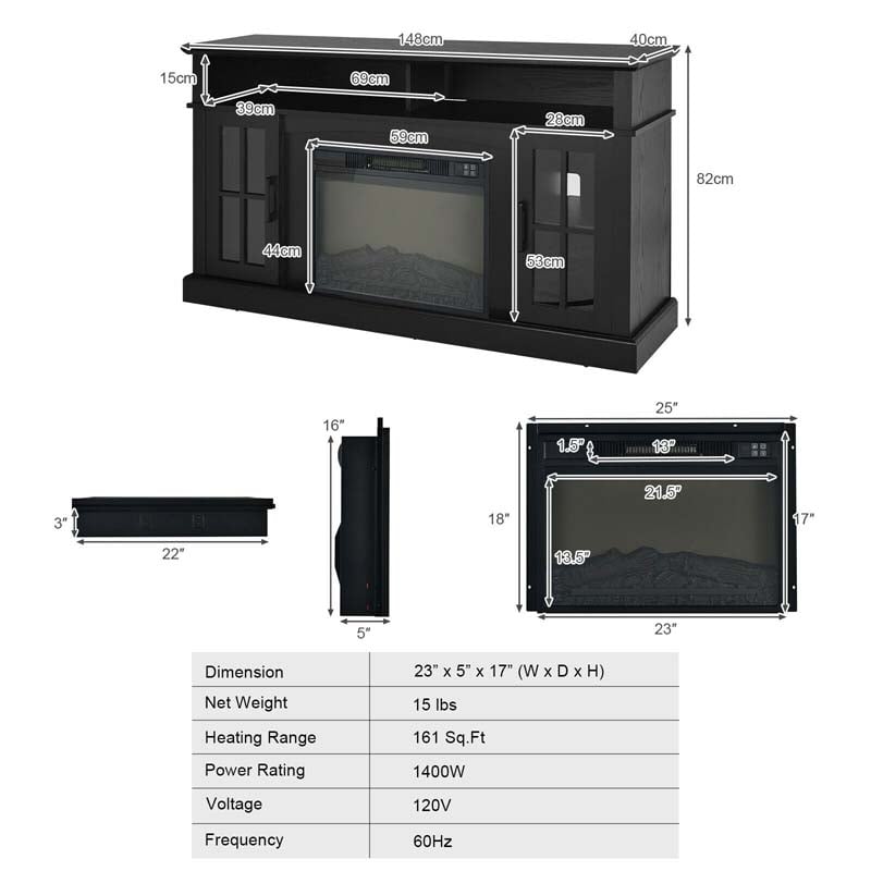 58" Electric Fireplace TV Stand for 65" TVs, Media Console with 23" Heater, Remote, Adjustable 3-Level Flame & Storage Cabinet, CSA Certified