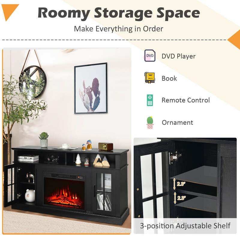 58" Electric Fireplace TV Stand for 65" TVs, Media Console with 23" Heater, Remote, Adjustable 3-Level Flame & Storage Cabinet, CSA Certified