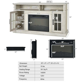 58" Electric Fireplace TV Stand for 65" TVs, Media Console with 23" Heater, Remote, Adjustable 3-Level Flame & Storage Cabinet, CSA Certified
