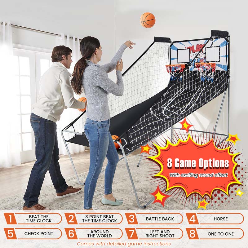 Foldable Dual Shot Basketball Arcade Game with LED Electronic Scoring, 8 Game Modes, 4 Balls for Indoor Outdoor Use & Family Fun