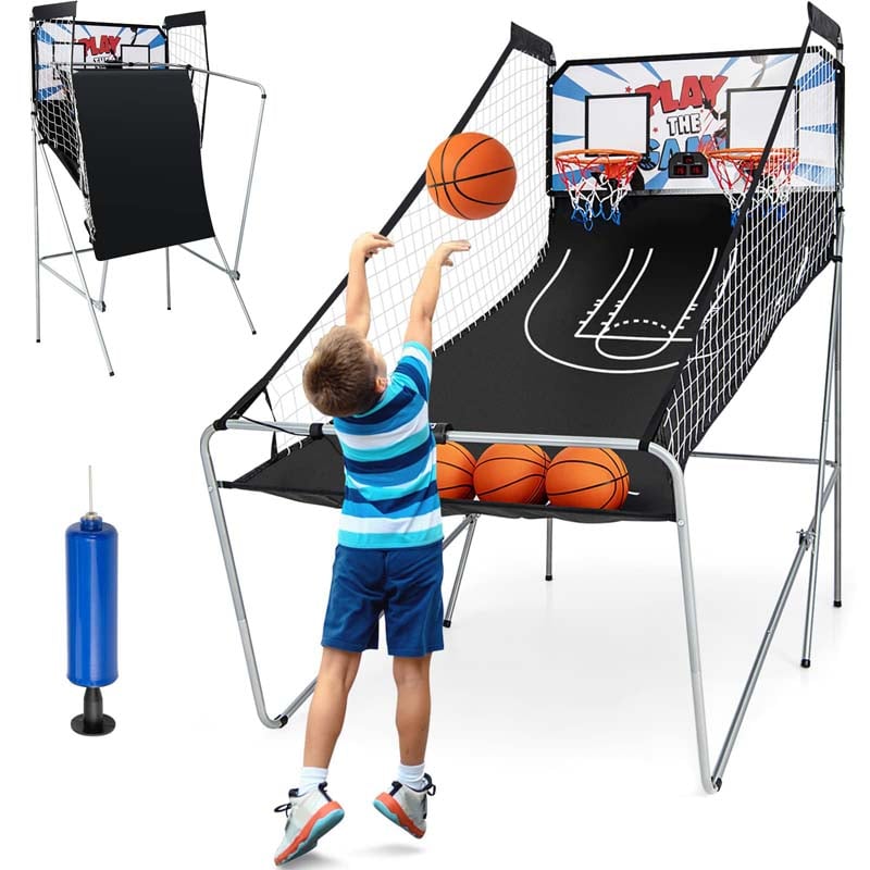 Foldable Dual Shot Basketball Arcade Game with LED Electronic Scoring, 8 Game Modes, 4 Balls for Indoor Outdoor Use & Family Fun