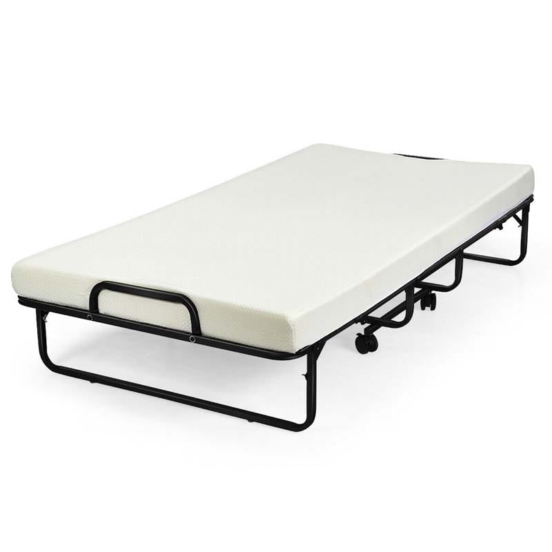 Portable Folding Bed with Mattress for Adults, Twin Size Rollaway Bed with 4" Memory Foam Mattress, 75" x 38" Foldable Guest Bed on Wheels
