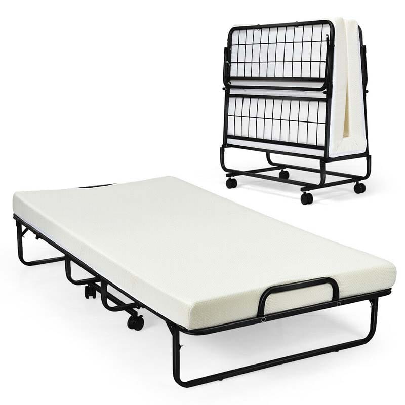 Portable Folding Bed with Mattress for Adults, Twin Size Rollaway Bed with 4" Memory Foam Mattress, 75" x 38" Foldable Guest Bed on Wheels