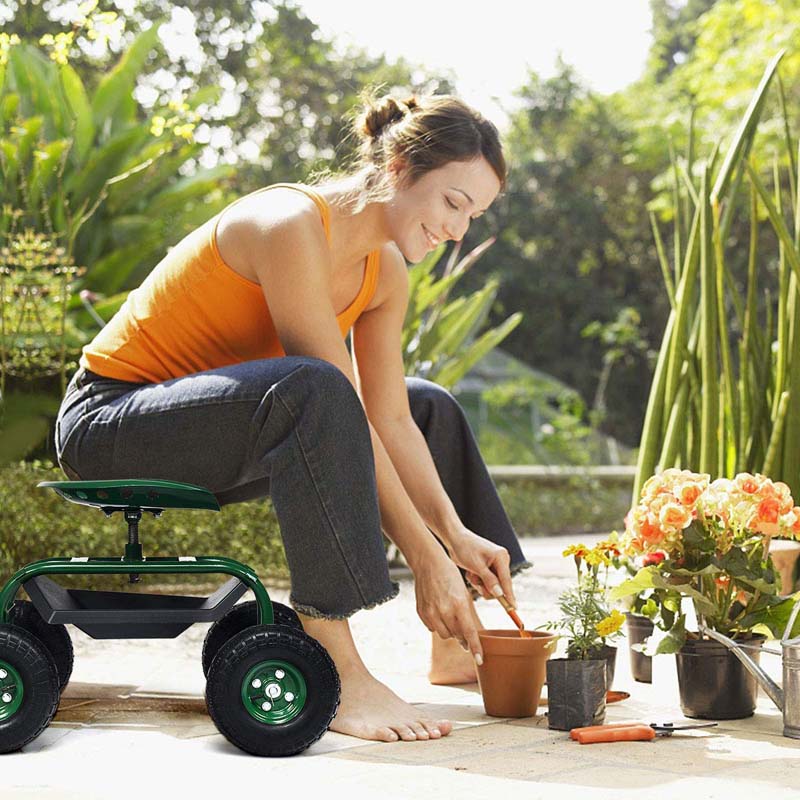 Heavy Duty Rolling Garden Cart Workseat with Tool Tray, 360 Swivel Seat, Storage Basket, Extendable Steering Handle