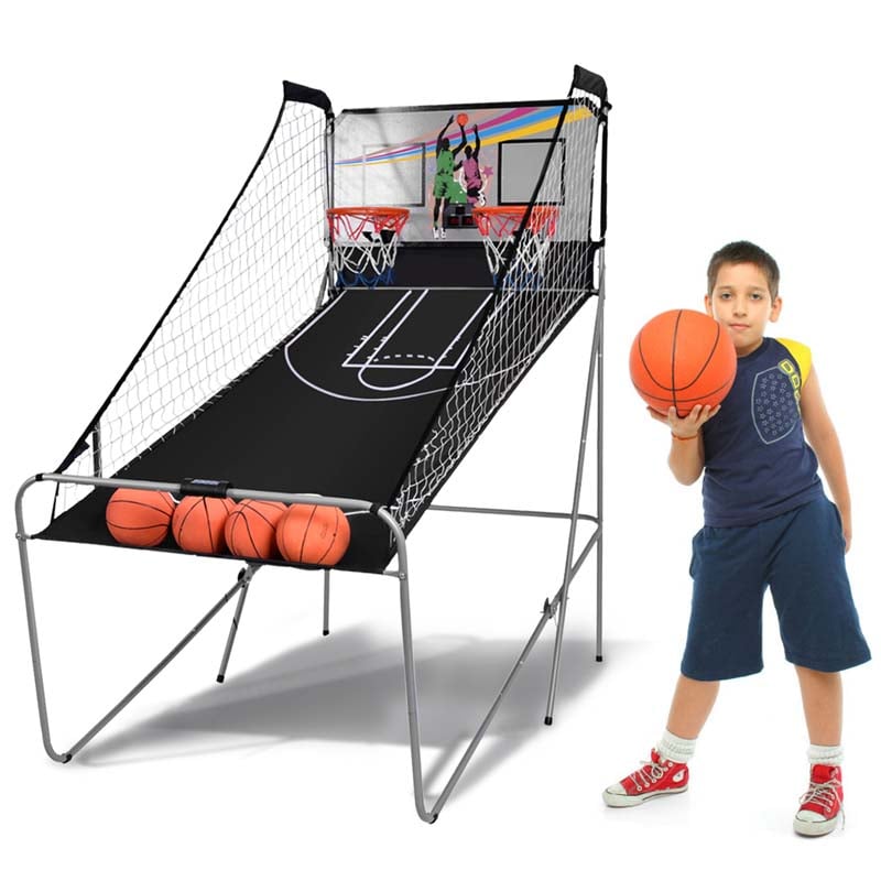 Foldable Dual Shot Basketball Arcade Game with LED Electronic Scoring, 8 Game Modes & 4 Balls, 2-Player Indoor Basketball Game for Kids Adults