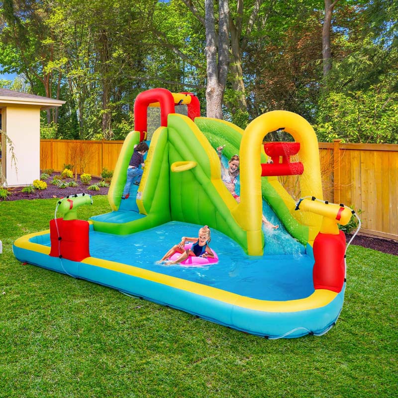 7-in-1 Inflatable Water Slide Park, Kids Blow Up Bounce House with Slide, Splash Pool, Climbing Wall & Water Cannons for Backyard