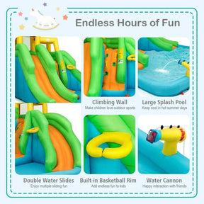 6-in-1 Giant Inflatable Water Slide Bounce House with 2 Slides, Splash Pool, Climbing Wall & Water Cannon, Blow up Water Park for Kids Backyard Fun