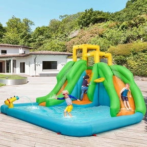 6-in-1 Giant Inflatable Water Slide Bounce House with 2 Slides, Splash Pool, Climbing Wall & Water Cannon, Blow up Water Park for Kids Backyard Fun