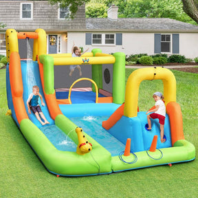 8-in-1 Inflatable Water Slide, Kids Dual Slide Bounce House Water Park with Splash Pool, Trampoline, Climbing Wall & 735W Blower for Backyard Fun