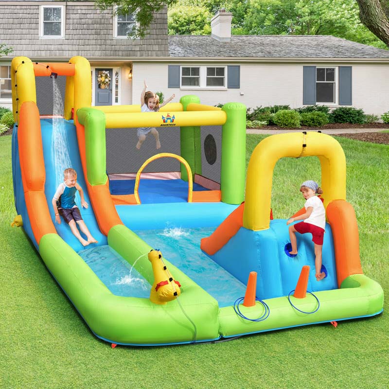 8-in-1 Inflatable Water Slide, Kids Dual Slide Bounce House Water Park with Splash Pool, Trampoline, Climbing Wall & 735W Blower for Backyard Fun