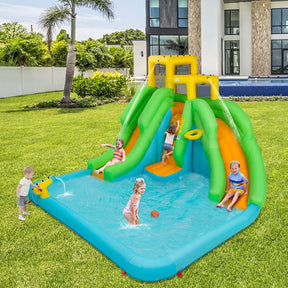 6-in-1 Inflatable Water Slide with 480W Blower, Kids Dual Slide Bounce House Water Park with Splash Pool & Climbing Wall for Backyard Party Gifts