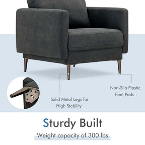 CertiPUR-US Single Sofa Accent Chair, Modern Upholstered Armchair with Solid Metal Legs, Removable Back & Seat Cushions for Living Room Bedroom