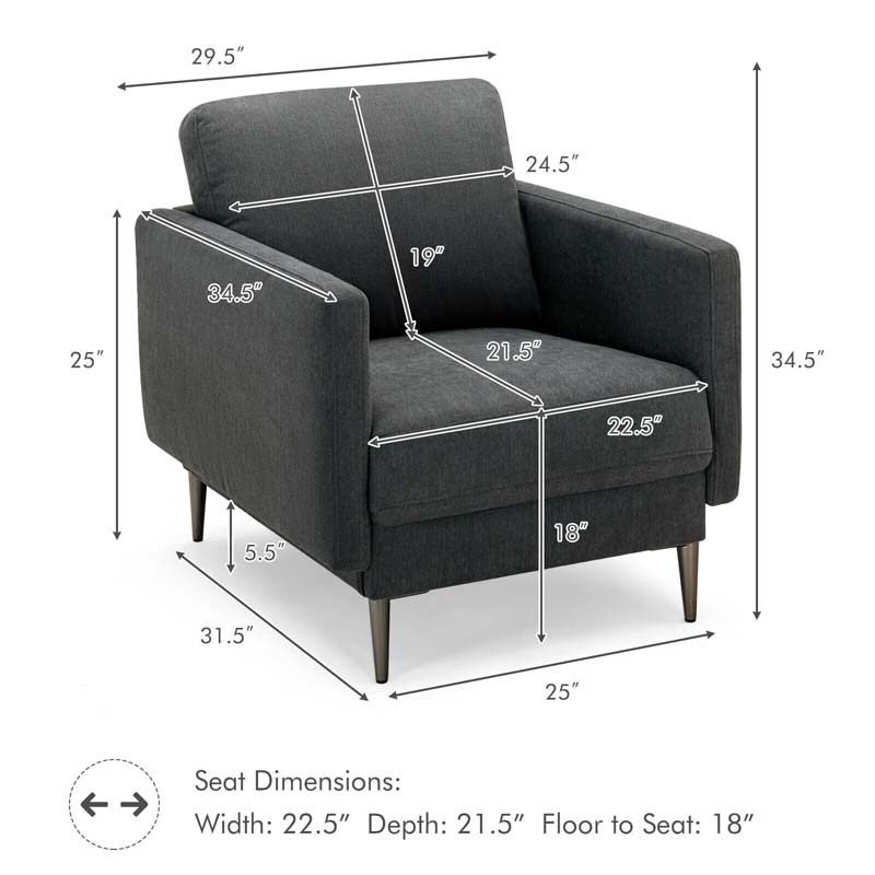 CertiPUR-US Single Sofa Accent Chair, Modern Upholstered Armchair with Solid Metal Legs, Removable Back & Seat Cushions for Living Room Bedroom
