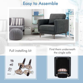 CertiPUR-US Single Sofa Accent Chair, Modern Upholstered Armchair with Solid Metal Legs, Removable Back & Seat Cushions for Living Room Bedroom