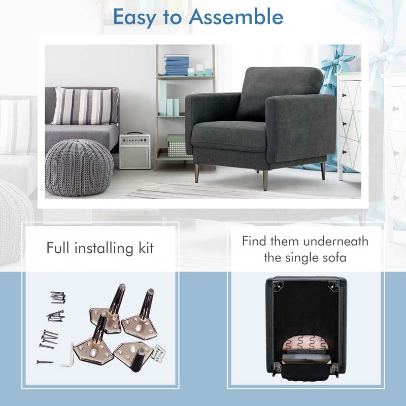 CertiPUR-US Single Sofa Accent Chair, Modern Upholstered Armchair with Solid Metal Legs, Removable Back & Seat Cushions for Living Room Bedroom