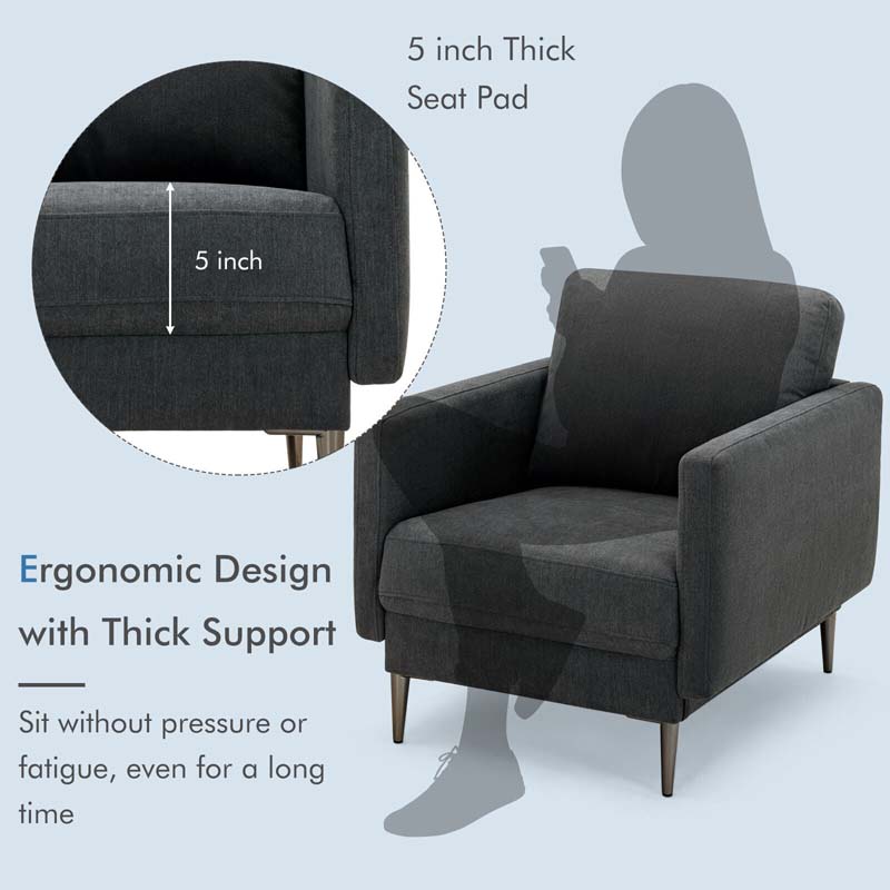 CertiPUR-US Single Sofa Accent Chair, Modern Upholstered Armchair with Solid Metal Legs, Removable Back & Seat Cushions for Living Room Bedroom