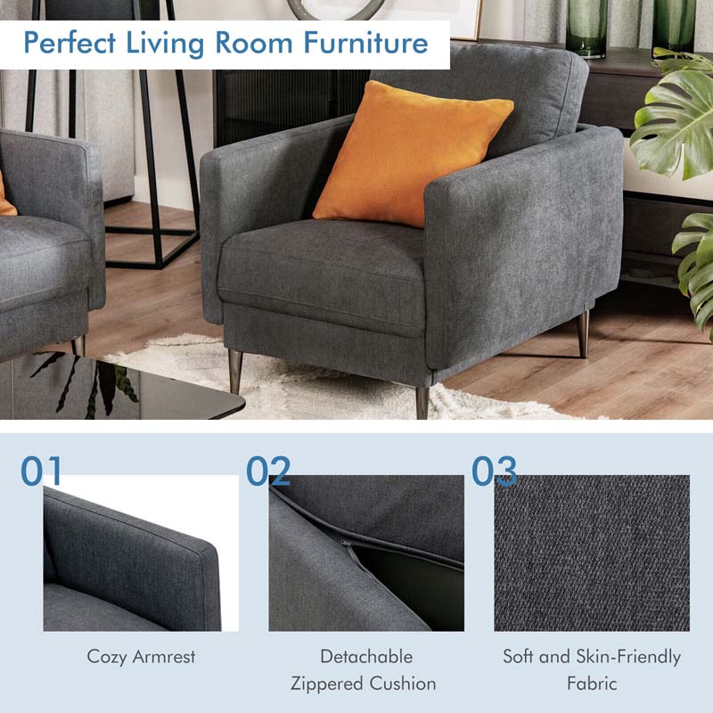 CertiPUR-US Single Sofa Accent Chair, Modern Upholstered Armchair with Solid Metal Legs, Removable Back & Seat Cushions for Living Room Bedroom