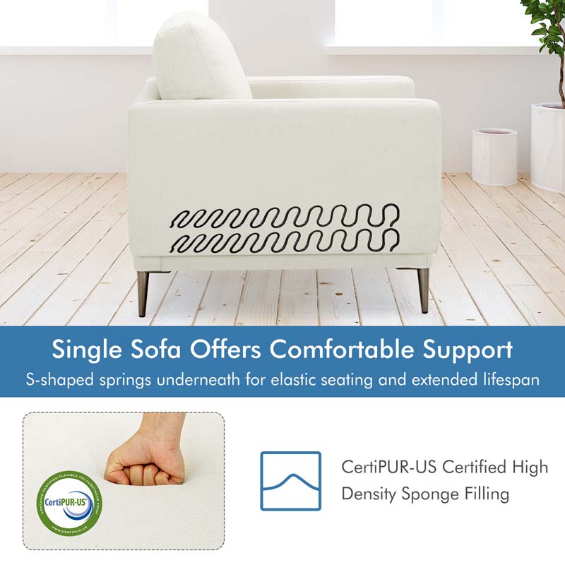 CertiPUR-US Single Sofa Accent Chair, Modern Upholstered Armchair with Solid Metal Legs, Removable Back & Seat Cushions for Living Room Bedroom