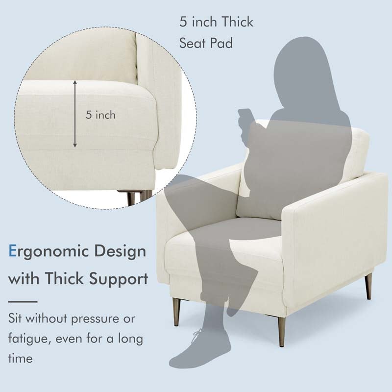 CertiPUR-US Single Sofa Accent Chair, Modern Upholstered Armchair with Solid Metal Legs, Removable Back & Seat Cushions for Living Room Bedroom