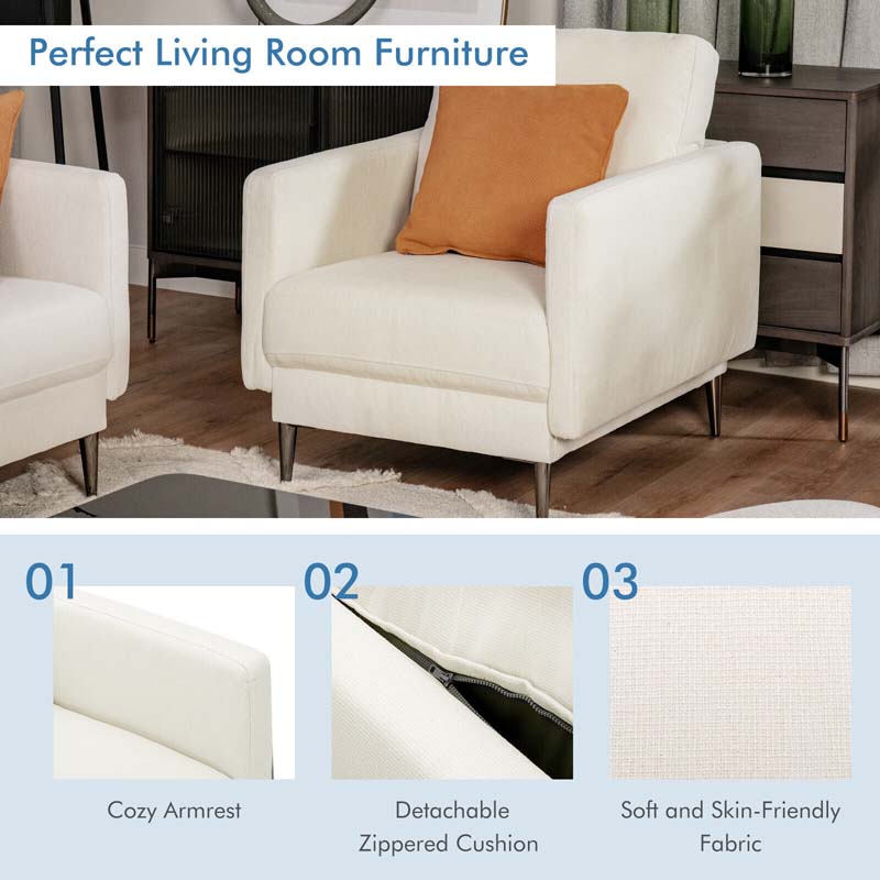 CertiPUR-US Single Sofa Accent Chair, Modern Upholstered Armchair with Solid Metal Legs, Removable Back & Seat Cushions for Living Room Bedroom
