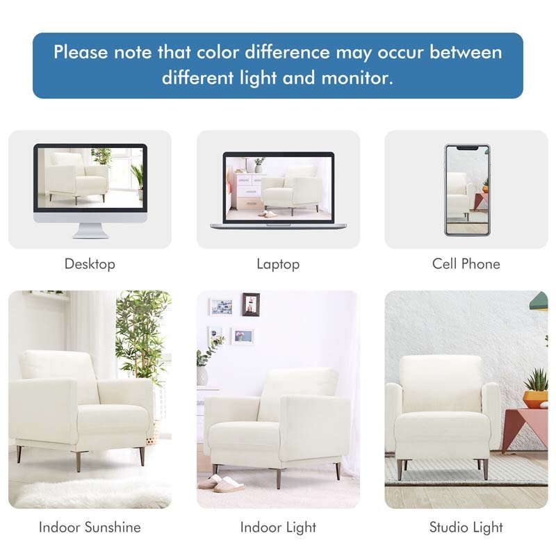 CertiPUR-US Single Sofa Accent Chair, Modern Upholstered Armchair with Solid Metal Legs, Removable Back & Seat Cushions for Living Room Bedroom