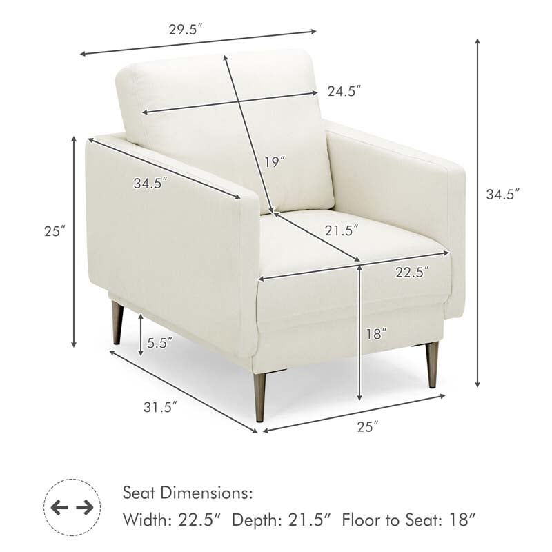 CertiPUR-US Single Sofa Accent Chair, Modern Upholstered Armchair with Solid Metal Legs, Removable Back & Seat Cushions for Living Room Bedroom
