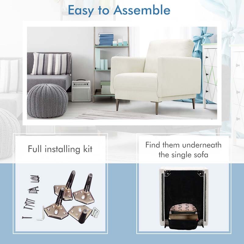 CertiPUR-US Single Sofa Accent Chair, Modern Upholstered Armchair with Solid Metal Legs, Removable Back & Seat Cushions for Living Room Bedroom