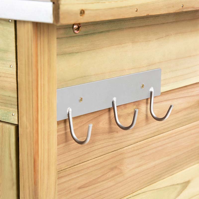 Outdoor Potting Bench Table, Fir Wood Garden Workstation with Metal Tabletop, Cabinet & Drawer, Storage Shelf for Backyard, Balcony