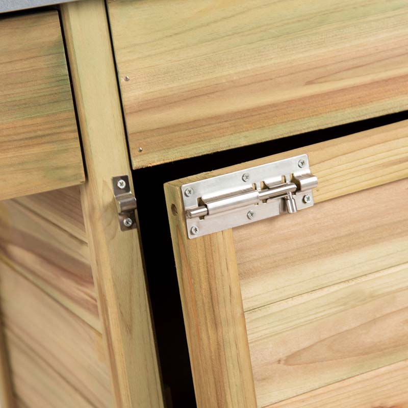 Outdoor Potting Bench Table, Fir Wood Garden Workstation with Metal Tabletop, Cabinet & Drawer, Storage Shelf for Backyard, Balcony