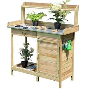 Outdoor Potting Bench Table, Fir Wood Garden Workstation with Metal Tabletop, Cabinet & Drawer, Storage Shelf for Backyard, Balcony