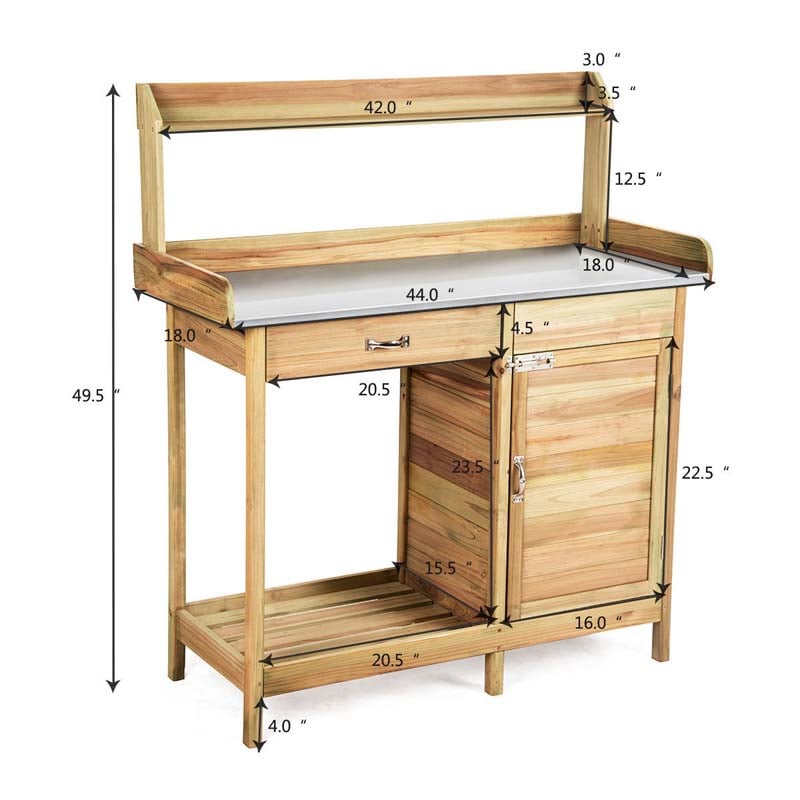 Outdoor Potting Bench Table, Fir Wood Garden Workstation with Metal Tabletop, Cabinet & Drawer, Storage Shelf for Backyard, Balcony