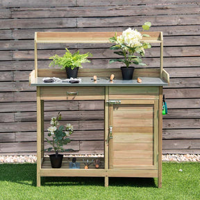 Outdoor Potting Bench Table, Fir Wood Garden Workstation with Metal Tabletop, Cabinet & Drawer, Storage Shelf for Backyard, Balcony