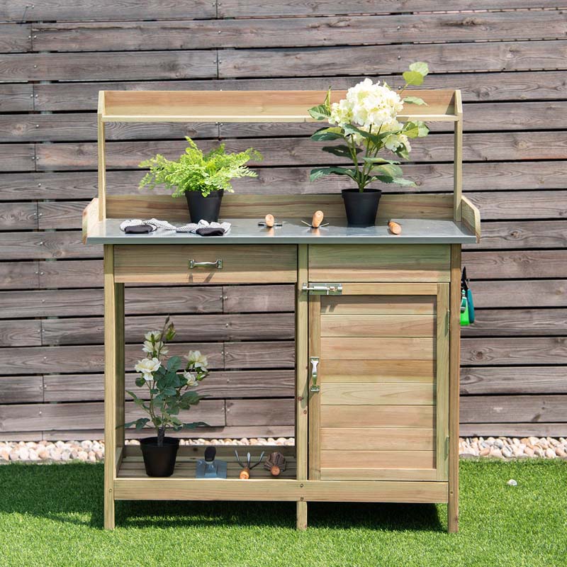 Outdoor Potting Bench Table, Fir Wood Garden Workstation with Metal Tabletop, Cabinet & Drawer, Storage Shelf for Backyard, Balcony