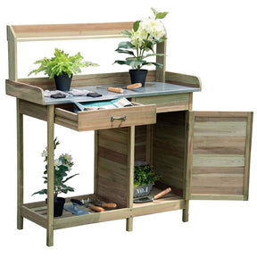 Outdoor Potting Bench Table, Fir Wood Garden Workstation with Metal Tabletop, Cabinet & Drawer, Storage Shelf for Backyard, Balcony