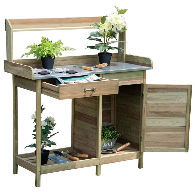 Outdoor Potting Bench Table, Fir Wood Garden Workstation with Metal Tabletop, Cabinet & Drawer, Storage Shelf for Backyard, Balcony