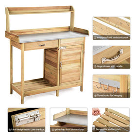 Outdoor Potting Bench Table, Fir Wood Garden Workstation with Metal Tabletop, Cabinet & Drawer, Storage Shelf for Backyard, Balcony