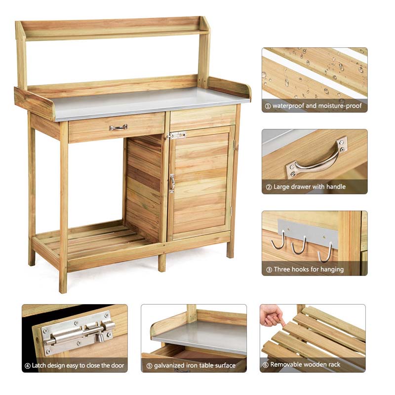 Outdoor Potting Bench Table, Fir Wood Garden Workstation with Metal Tabletop, Cabinet & Drawer, Storage Shelf for Backyard, Balcony