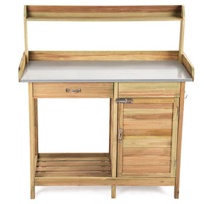 Outdoor Potting Bench Table, Fir Wood Garden Workstation with Metal Tabletop, Cabinet & Drawer, Storage Shelf for Backyard, Balcony